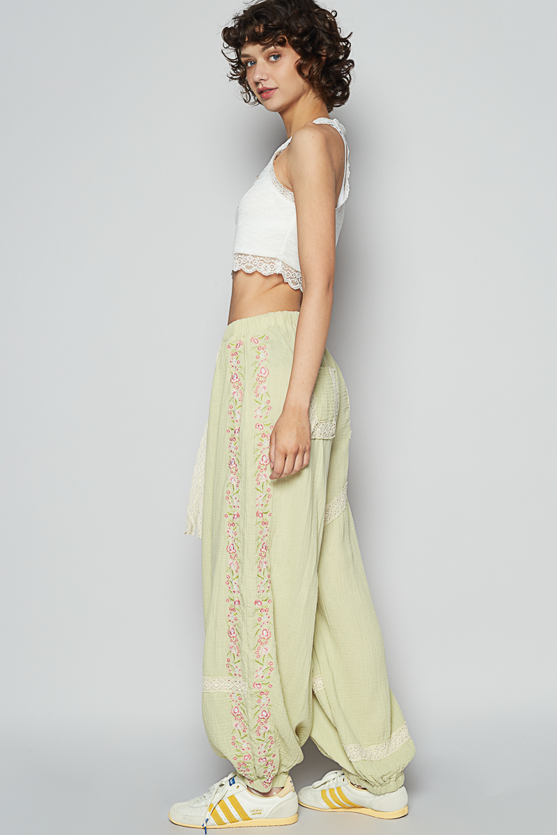 Floral Embroidery Boho Joggers