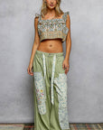 Floral Embroidered Buckle Back Detail Denim Woven Pants