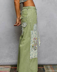 Floral Embroidered Buckle Back Detail Denim Woven Pants