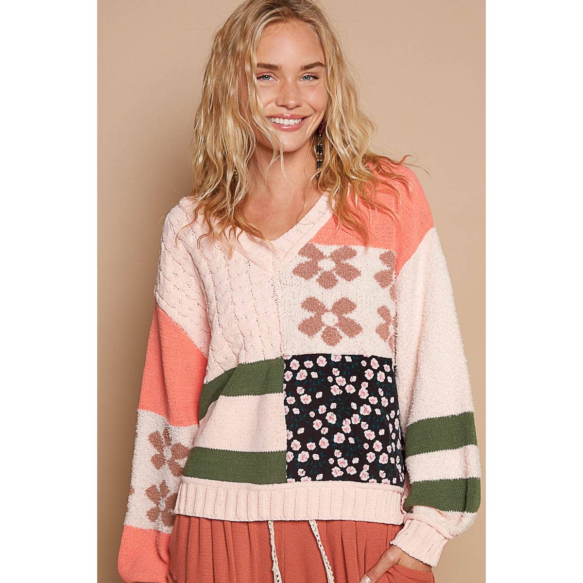 V-neck Color Block Floral Sweater