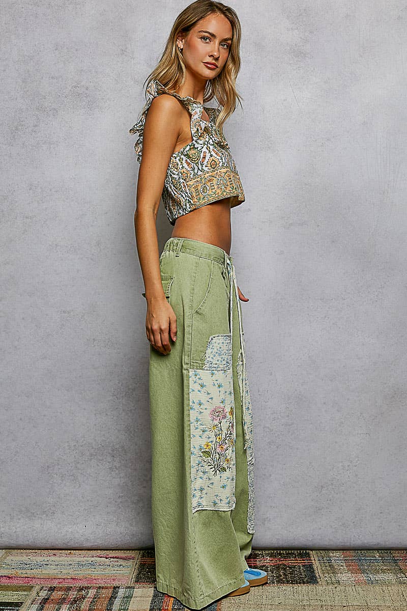 Floral Embroidered Buckle Back Detail Denim Woven Pants